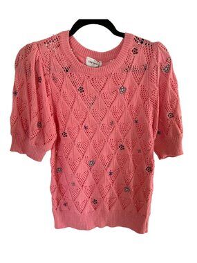 Aqua Cotton Pointelle Knit Sweater Floral Embroider  Soft Pink Size Small NWT